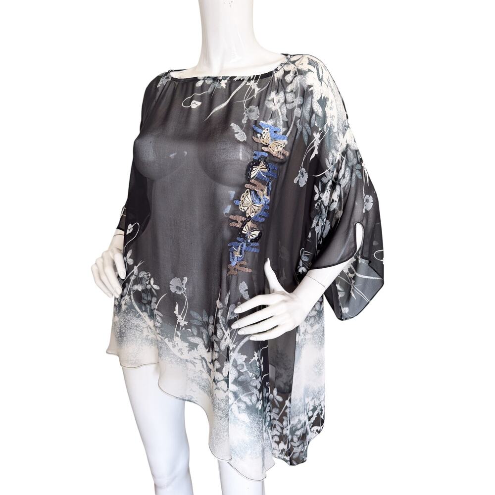 Citron Silk Asian Floral Embroidered Butterfly Asymmetric Blouse Top 3X